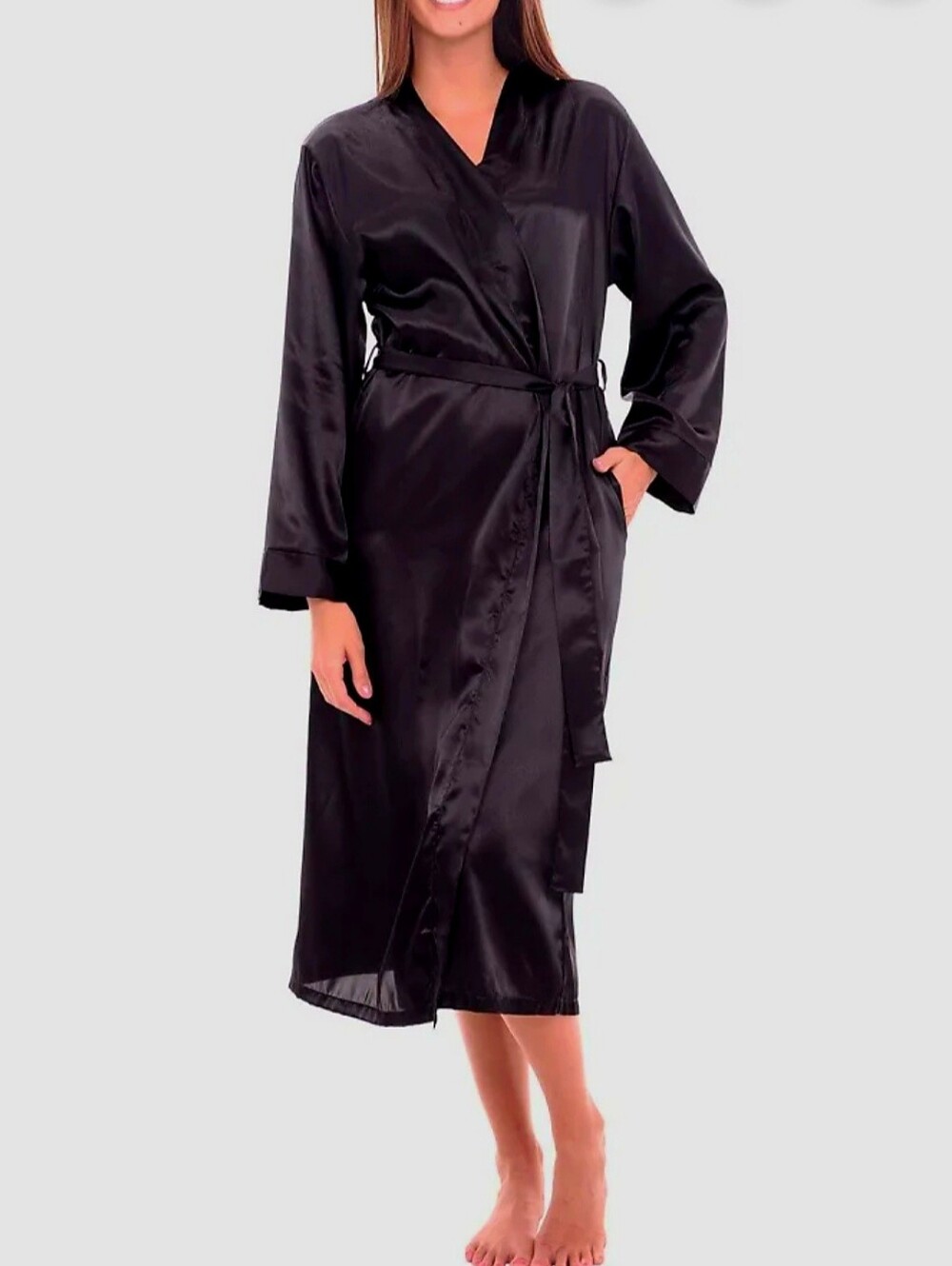 Alexander Del Rossa Silky Satin Wrap Robe w/Pockets!  Black XL